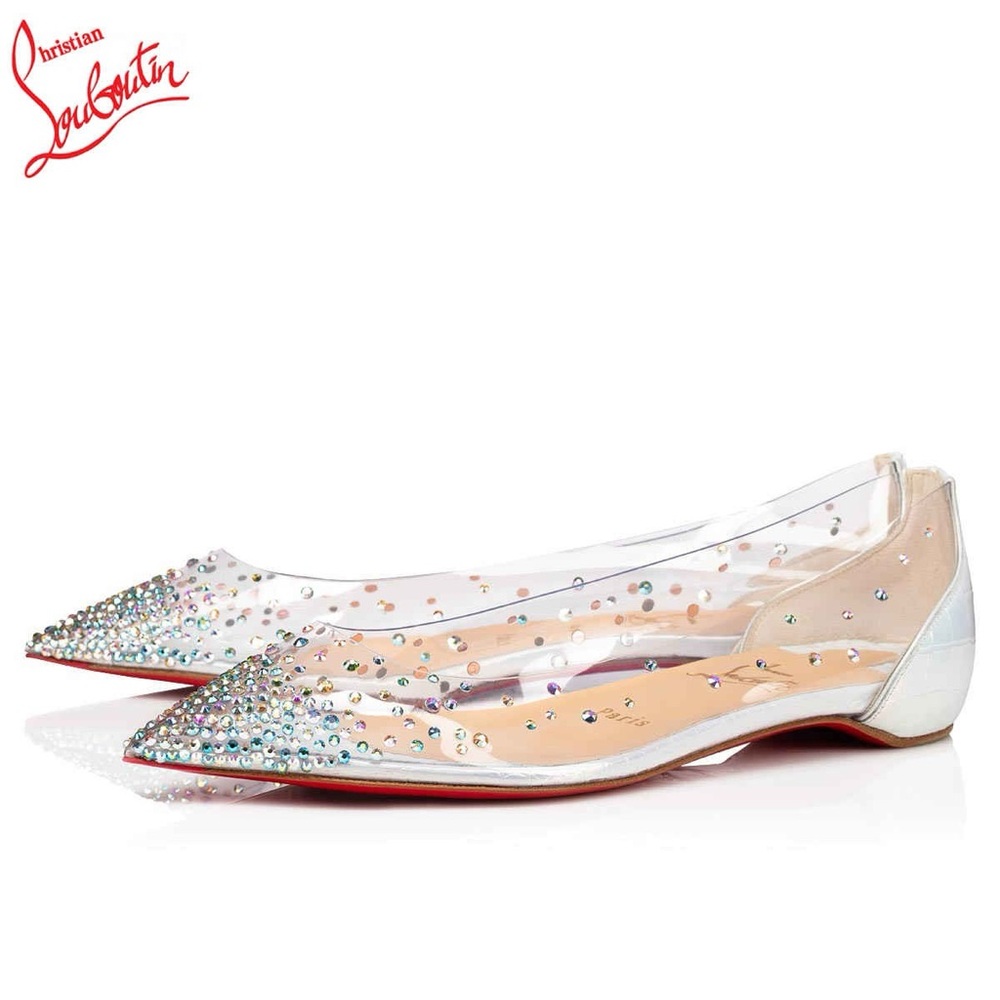 CHRISTIAN LOUBOUTIN | White Degrastrass PVC Iridescent Rhinestone Gem Flats